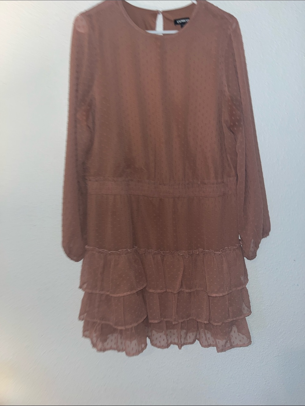 Express Dusty Rose Textured Swiss Dot, tiered Dress L Cottagecore, Romantic